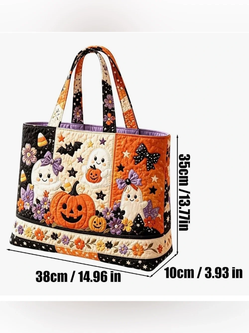 #3127** Quilted Tote Bag with Pumpkin & Ghost Appliqué/Orange/Black/White